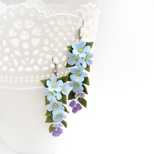 Blue Floral Earrings Forget-me-nots Vine earrings Polymer Clay Floral jewelry Blue Wedding Earrings Bride Earrings Gifr For Woman Sister