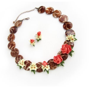 Animal inspired floral jewelry set Python patterns beads necklace Yellow orange flowers earrings Mother&#39;s Day gift