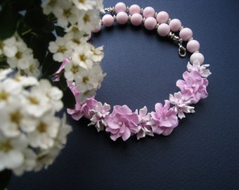 Pink white flowers necklace Party prom wedding Romantic pink brides necklace Floral bridesmaids jewelry Gift for her