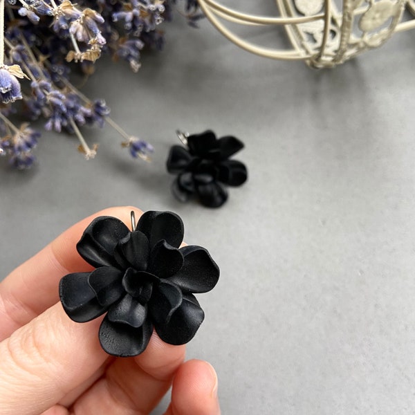 Black gardenia earrings Floral Botanical statement earrings Gothic Halloweeng jewelry Flowers Jewelry Gift Plant Lover Gift plants