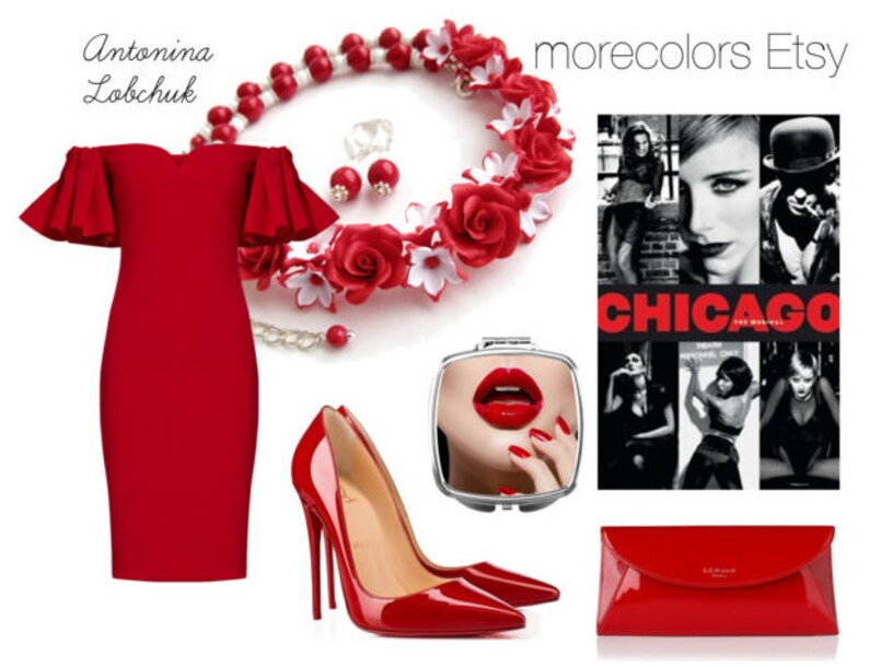 Red statement necklace Bright jewelry set Red roses necklace Festive red and white necklace Beads earring Gift for women Red wedding jewelry