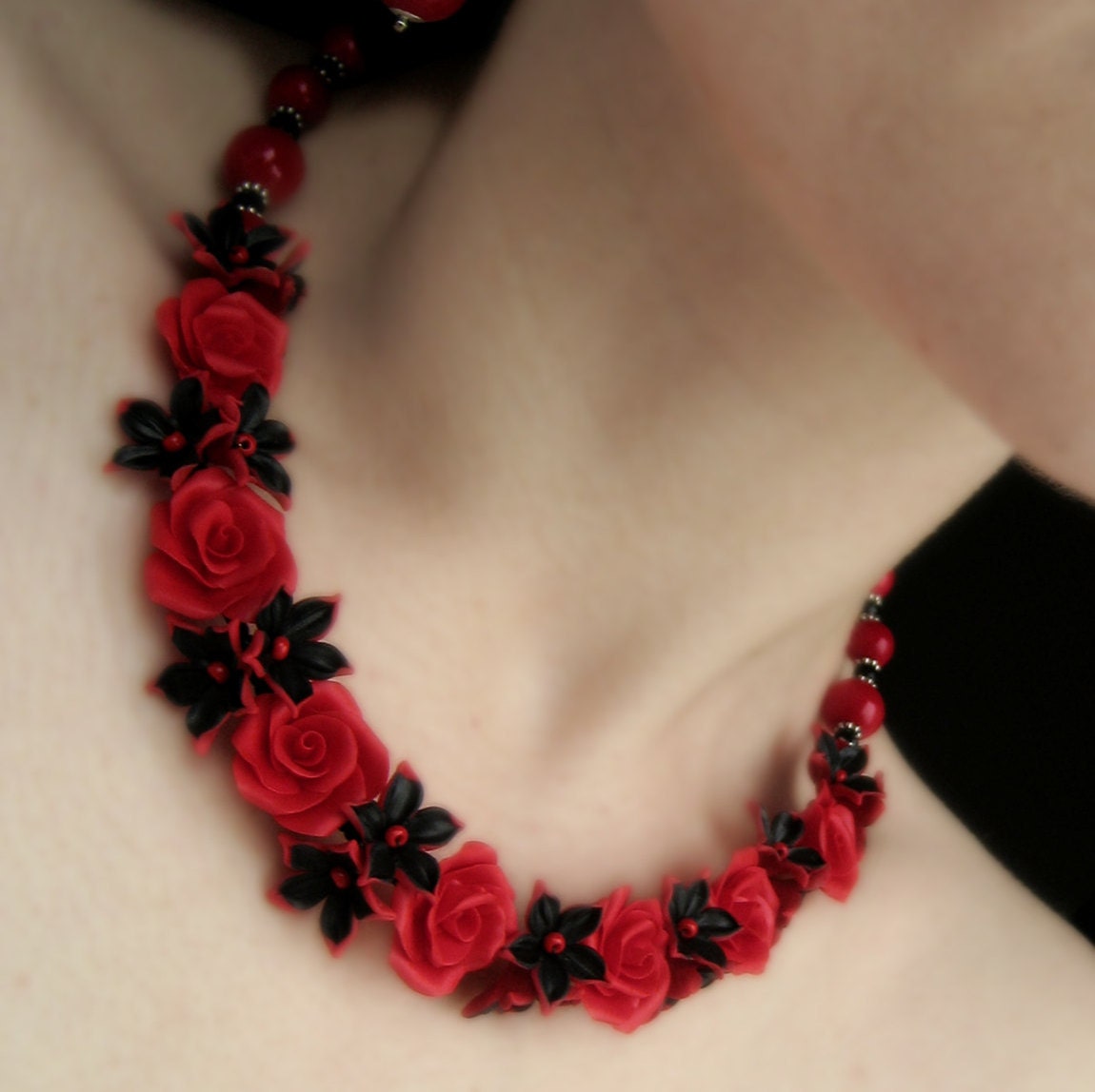 Statement Necklace Red Black Floral Jewelry Set Red Roses