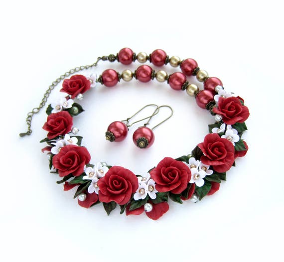 Floral Statement Necklace Red Roses Jewelry Set Polka Dot  display picture 2