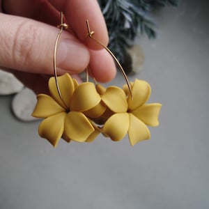 Yellow puakenikeni earrings Gold hoops Hawaiian Bridal floral clay jewelry Bridesmaids Tropical flower wedding Birthday Mothers Day gift
