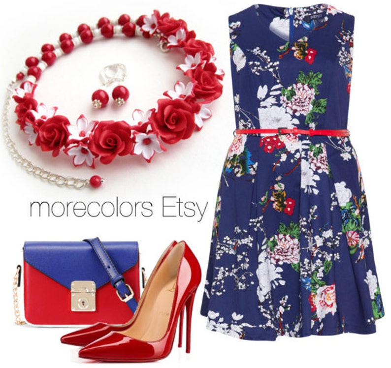 Red statement necklace Bright jewelry set Red roses necklace Festive red and white necklace Beads earring Gift for women Red wedding jewelry