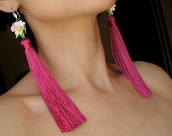 Extra long tassel boho earrings Floral earring Pink bright earrings Dangling colorful earrings Statement jewellery Dancing hula teacher gift