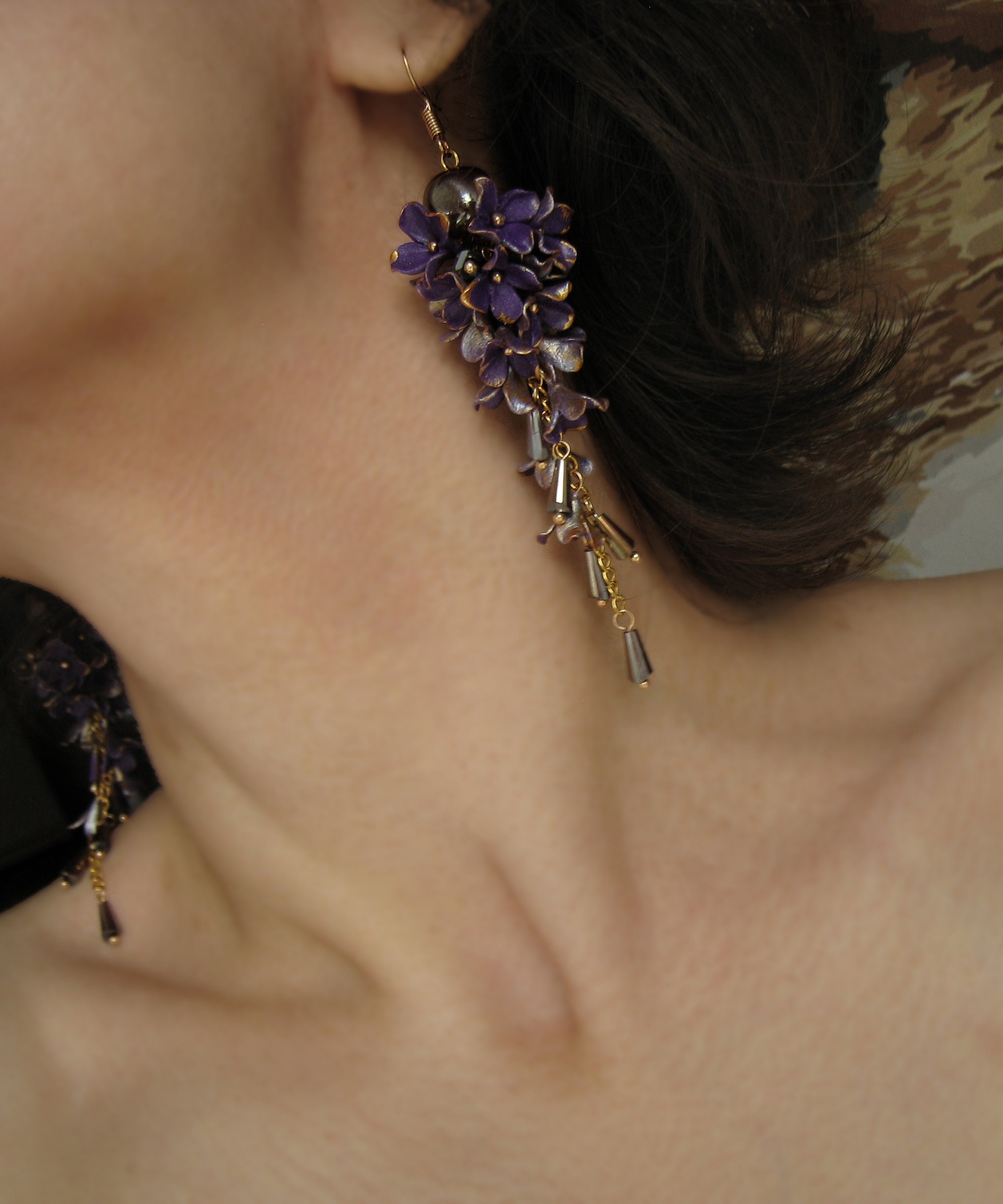 Pearls purple statement earrings Long floral crystal earrings Etsy