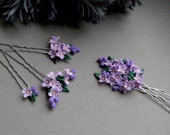 Lilac flowers Set of 3 floral hair pins Wedding bridal hairpiece Clay flowers accessories Bridesmaid Bridal lilac purple flowers hairpins