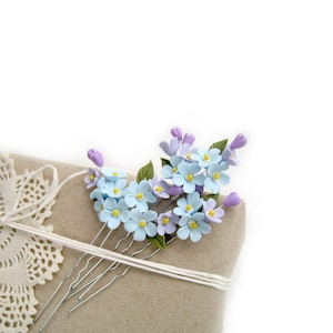 Blue Sky Forget Me Nots Set of 3 floral hair pins Wedding bridal hairpiece Clay flowers accessories Bridesmaid Bridal hairpins