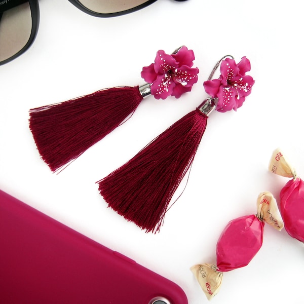 Ultra pink floral earrings Long bright earrings Dangling red tassel earrings Magenta red jewellery Boho Street style jewelry Vivid earrings