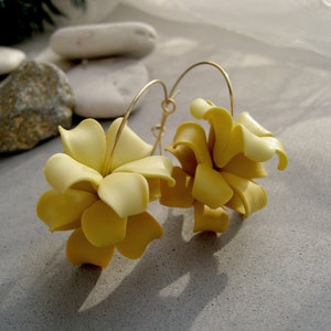 Yellow puakenikeni earrings Gold hoops Hawaiian Bridal floral clay jewelry Bridesmaids Tropical flower wedding Birthday Mothers Day gift