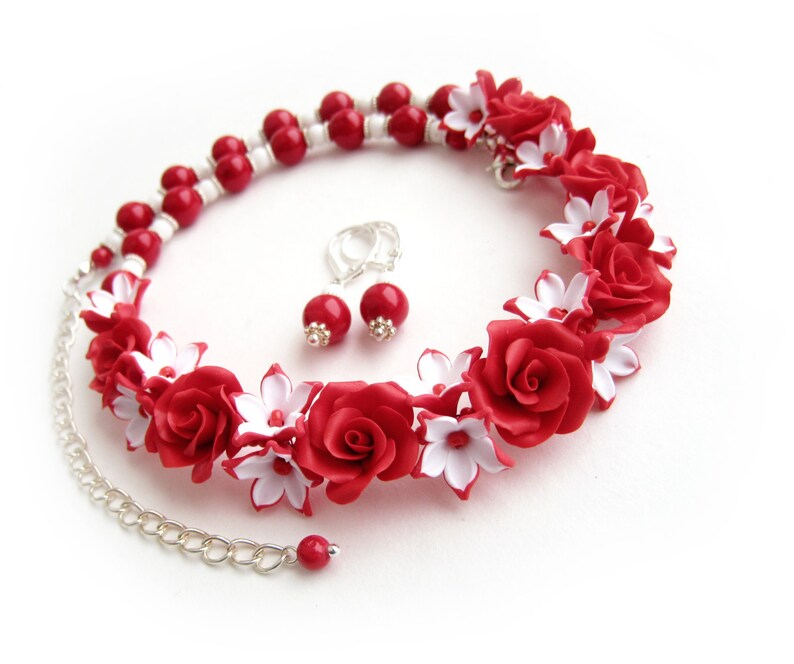 Red statement necklace Bright jewelry set Red roses necklace Festive red and white necklace Beads earring Gift for women Red wedding jewelry