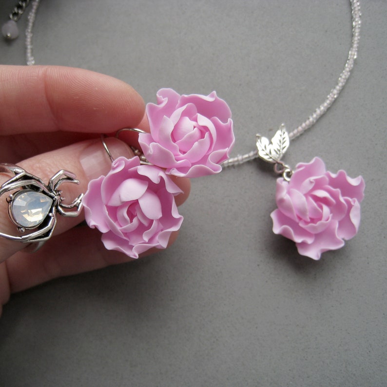 Choker necklace earrings with pink peony flower Statement jewelry set Exquisite flowers jewelry Mother's Day Christmas Birthday gift for her image 3
