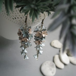 Long crystal floral earrings Sage green Blue Beige Sahara statement earrings Gift for her Prom jewelry Bridal Dusty Vintage antic style