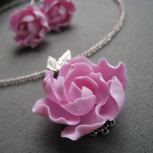 Choker necklace earrings with pink peony flower Statement jewelry set Exquisite flowers jewelry Mother's Day Christmas Birthday gift for her image 5