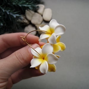 Hoop earrings Yellow White plumeria floral earring Hawaiian Bridal Clay jewelry Bridesmaids Tropical flower wedding Birthday Mothers Day gif