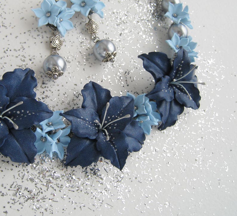 Flowers Jewelry Set Statement Necklace Navy Blue Lily Flowers Etsy