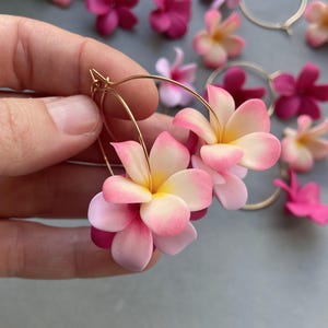 Pink plumeria earrings Floral hoops Hawaiian Bridal floral clay jewelry Bridesmaids Tropical flower wedding Birthday Mothers Day gift