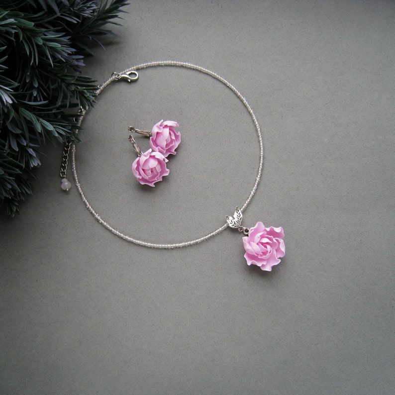 Choker necklace earrings with pink peony flower Statement jewelry set Exquisite flowers jewelry Mother's Day Christmas Birthday gift for her image 2