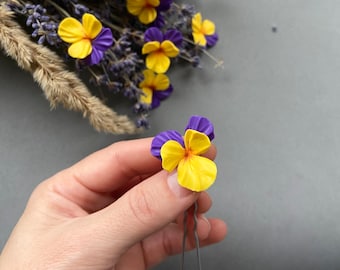 Viola flower Wild floral hair pins Yellow purple hair accessories Bridesmaid Bridal Boho wedding hairpiece Bride hairpins Gift for her