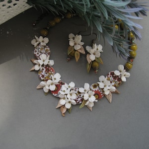 White green yellow jewelry set Floral statement necklace earrings Clay flowers jewelry set Ukrainian flowers style Birthday gift for her
