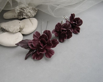 Gift for her Earrings Hair pin burgundy flowers Floral jewelry set Bride Bridesmaids jewelry Bordeaux wedding Birthday Gift Mothers day