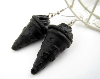 Funny Black Ice Cream earrings Birthday Party Miniature Waffle cone Pinup accessories Dangly food earrings Sweet dessert jewelry