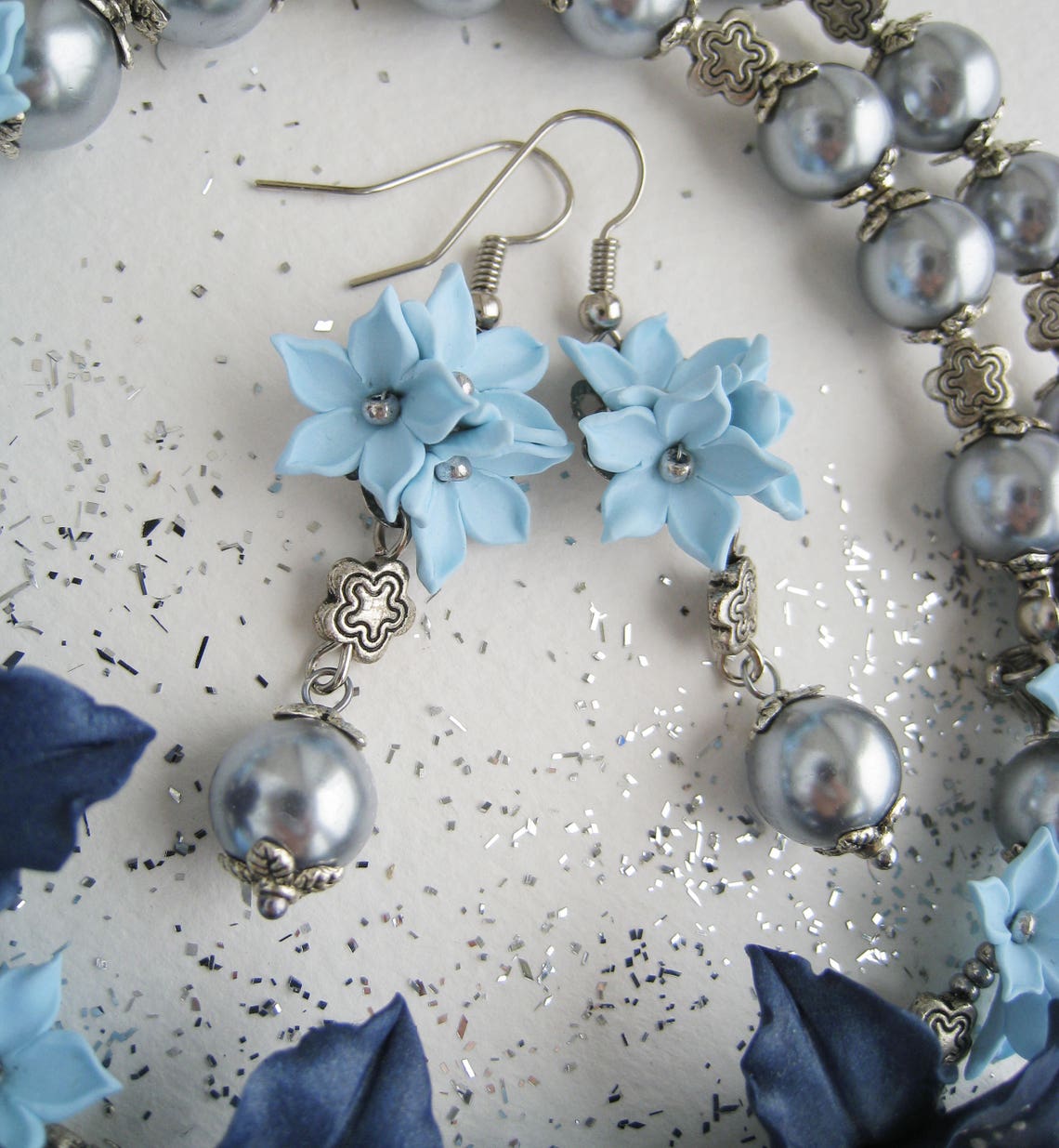 Flowers Jewelry Set Statement Necklace Navy Blue Lily Flowers Etsy