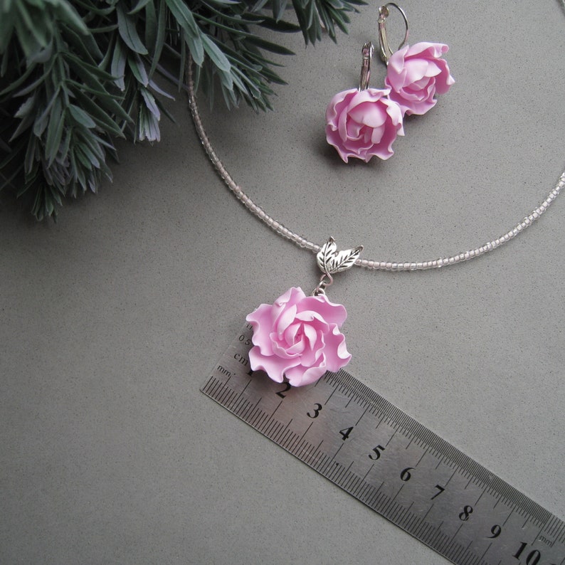 Choker necklace earrings with pink peony flower Statement jewelry set Exquisite flowers jewelry Mother's Day Christmas Birthday gift for her image 9