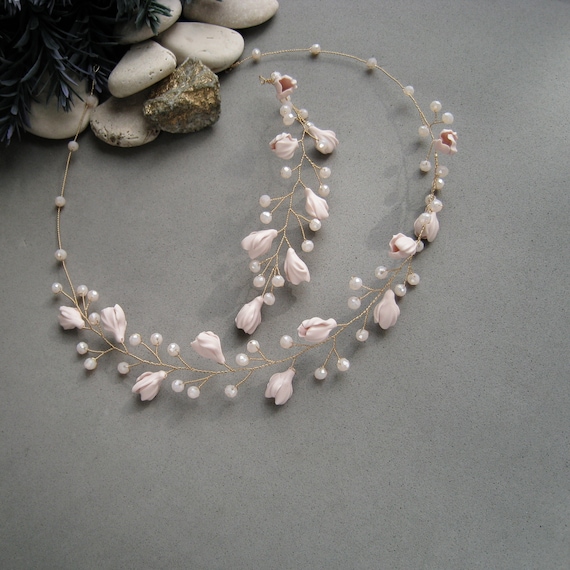 Crystal Hair Vine Floral Bridal Hairpiece Blush Pink Flowers 