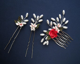 Set of 3 hairpiece Red rose beige flowers beads vine Floral head accessories Ivory red clay flowers Bridesmaid Bridal hair pins Beads comb