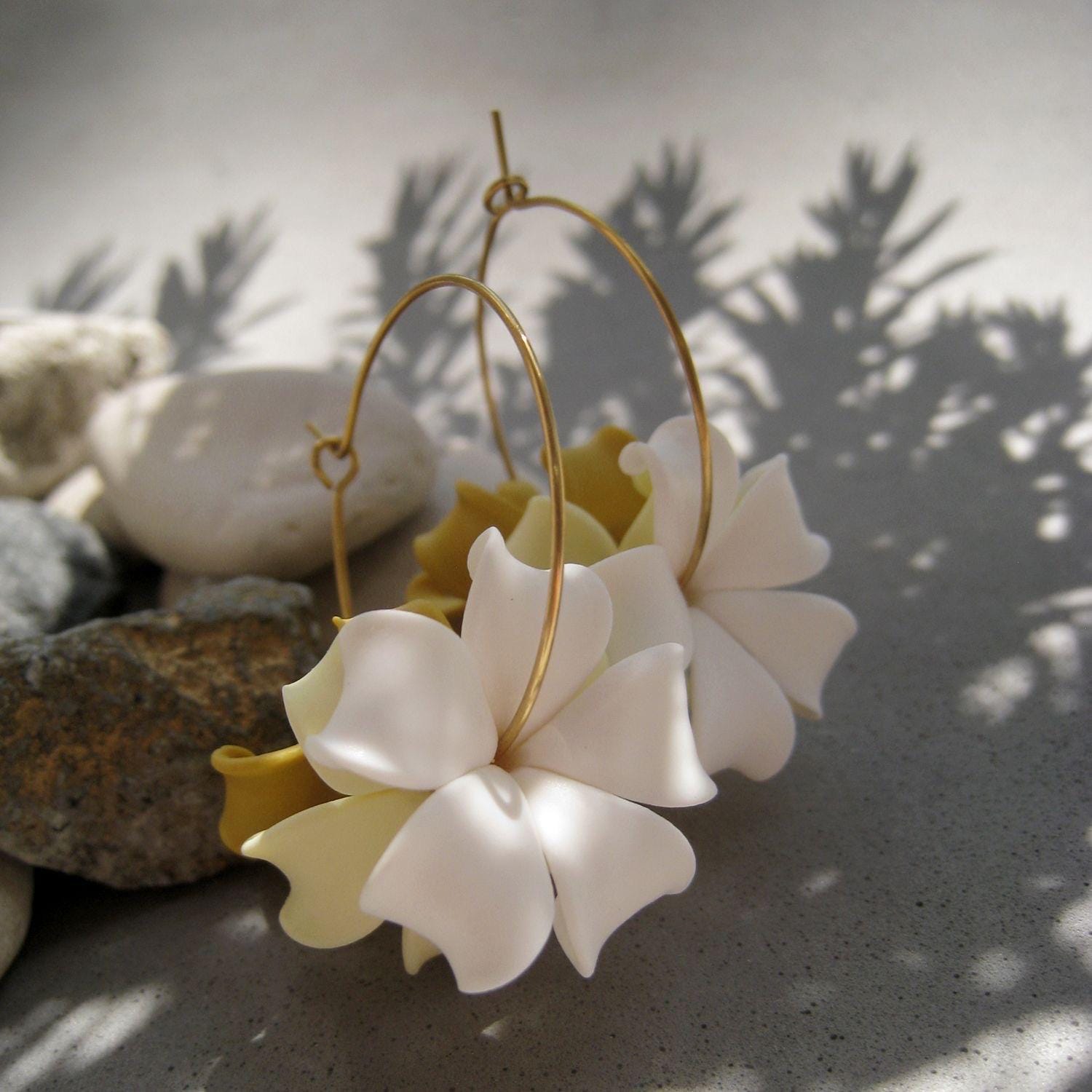 White Yellow puakenikeni earrings Gold hoops Hawaiian Bridal floral clay jewelry Bridesmaids Tropical flower wedding Mothers Day gift