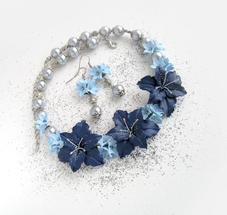 Flowers Jewelry Set Statement Necklace Navy Blue Lily Flowers Etsy
