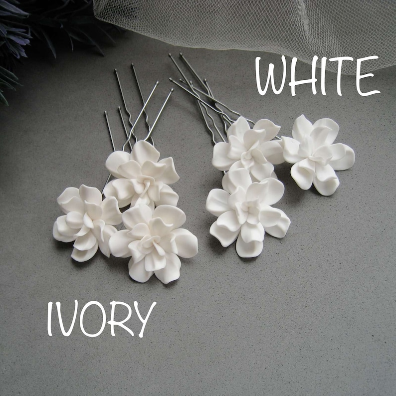 White ivory gardenia pins White flower Formal bridal hair accessories Floral wedding hairpiece Bridesmaid Bridal Boho tropical headpiece image 6