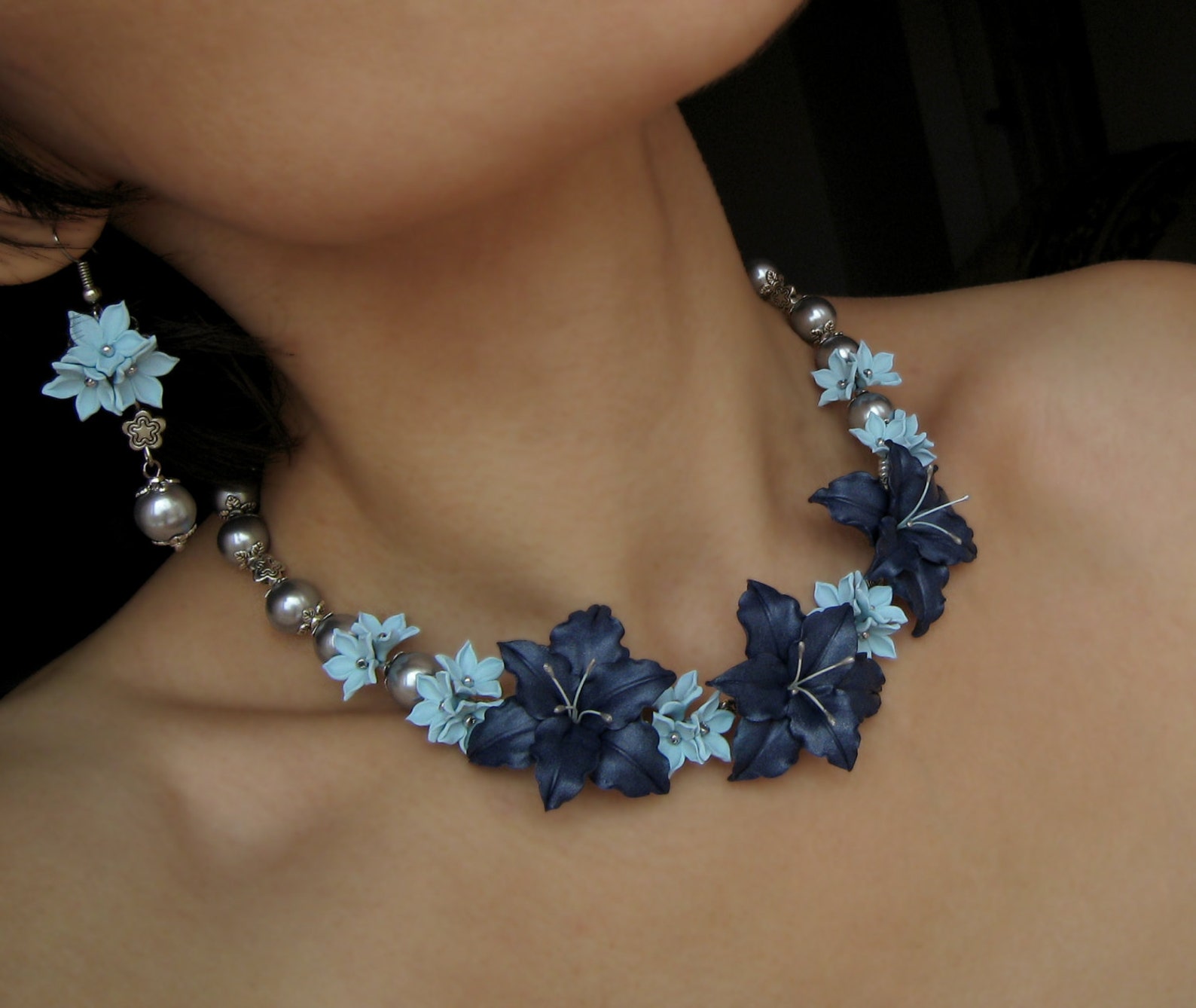 Flowers Jewelry Set Statement Necklace Navy Blue Lily Flowers Etsy