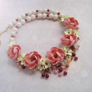 Tropical inspired floral art necklace Pink flamingo yellow flowers Statement necklace Hawaiian wedding Beach party prom night jewellery