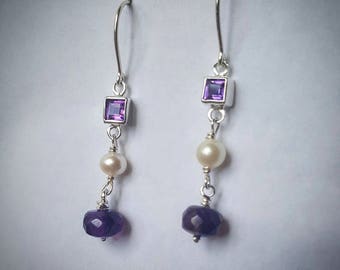Amethyst and cultured pearl silver drop earrings