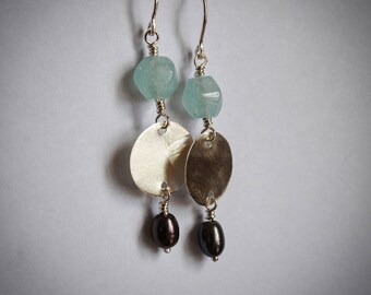 Aquamarine and Black Pearl Sterling Silver Earrings