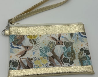 Faux Leather Wristlet, Rabbit, Woodland Hare in Gold