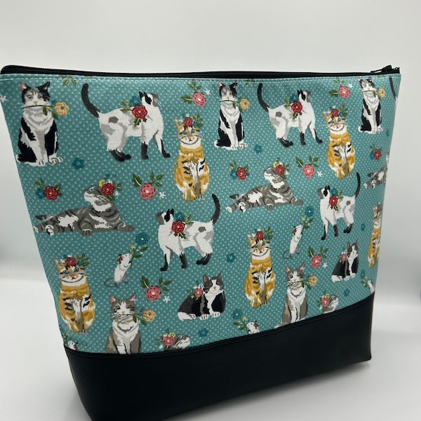 Flower Cat Large Zippered Bag | Faux Leather Cosmetic Bag | Travel Bag | Bridesmaid Gift | Cat | Car Storage Idea