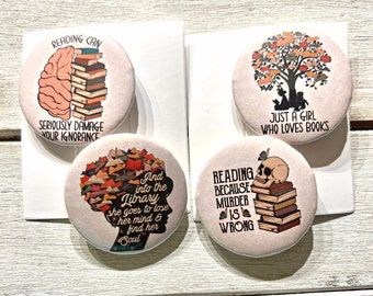 Book Lover Lapel Pins | Set of 4 Book Buttons | Book Themed Gift | 1.75 inch Buttons | Expressive Pins | Backpack Pins | Lanyard Lapel Pins