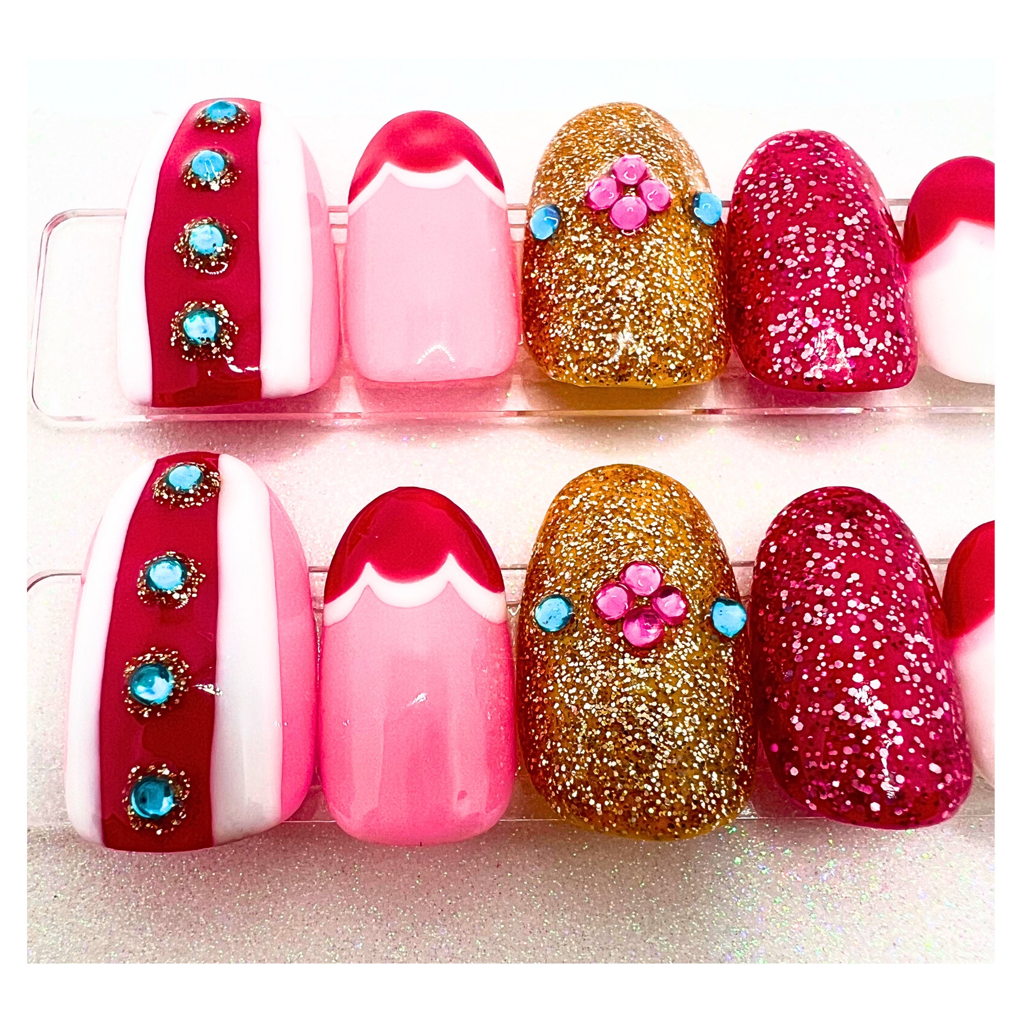 Princess Nails Oval Nails Princess Peach Cosplay False Nails Glitter