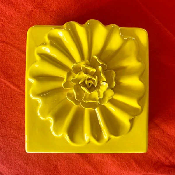 Bright Yellow Square Vase With Bold Flower On Front and Back For Fall Dining Table Patio Breakfast Table Gift for Her Housewarming Hostess
