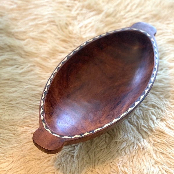 Wood Bowl Handmade Oval Boho Bowl Unique Handmade Inlay Footed Bowl With Handles Fruit Bowl For Serving Display Collection Gift New Home