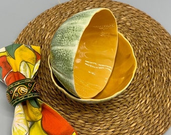 2 Cantaloupe Melon Bowls Pale Green Rind & Cantaloupe Shade Majolica Lifelike Fruit Bowls Maybe Mottahedeh Melon Bowl Faience Portugal