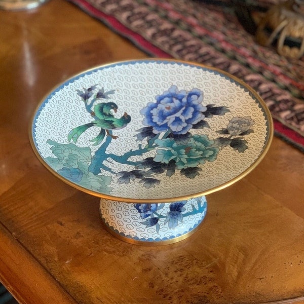 Cloisonné White Enamel & Metal Floral Pedestal Bowl Birds With Turquoise Blue Peonies Vintage Chinese Cloisonné For Collection Display Gift