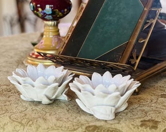 Fitz and Floyd Savannah White Ceramic Flowers Two Votive Candle Holders  For Candlelight Dinner Table Shelf Collection Gift White FF Flower