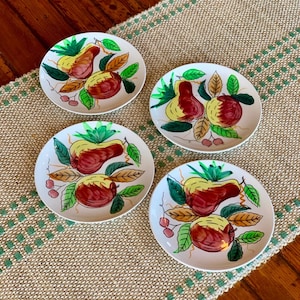 Vintage Ironstone Plates Hand Painted Fruit Apple Pear Set 4 Retro 50s Salad Dessert Plates For Boho Kitchen Farmhouse Kitchen Decor Gallery