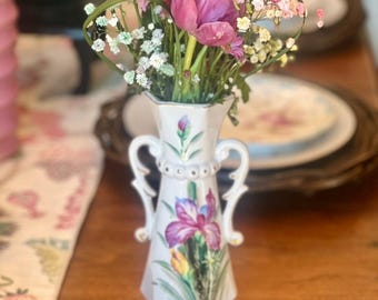Vintage Hand Painted Vase WIth Handles Purple Iris Vase Antique Flower Vase White Ceramic Vintage Vase Cottagecore Floral Vase For Flowers