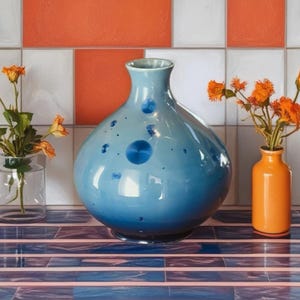 May include: A large, blue ceramic vase with dark blue spots and a gradient effect, next to a small orange vase and a clear glass vase with orange flowers. The background features orange and white square tiles.